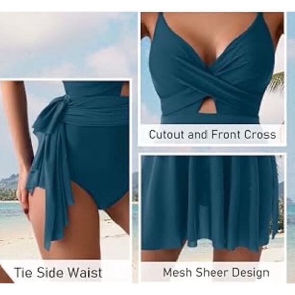 B2PRITY Swimsuit Women L Blue Swim Dress Wrap V-Neck Mesh 1 Piece Tummy Control - Picture 2 of 6